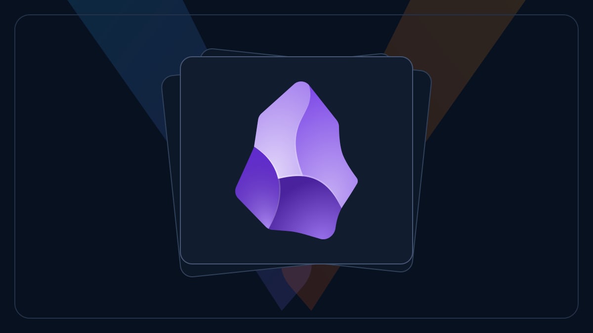 The Obsidian logo over several pages on a background in VoLog colors