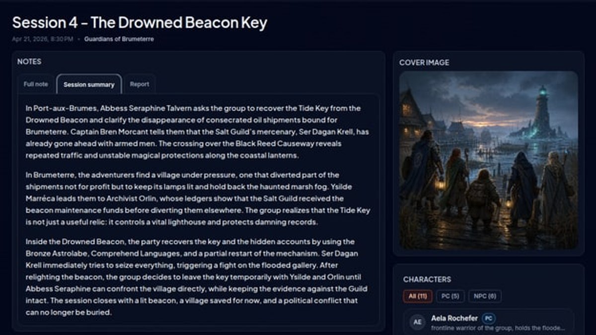 VoLog interface showing the summary of the TTRPG Session "Guardians of Brumeterre