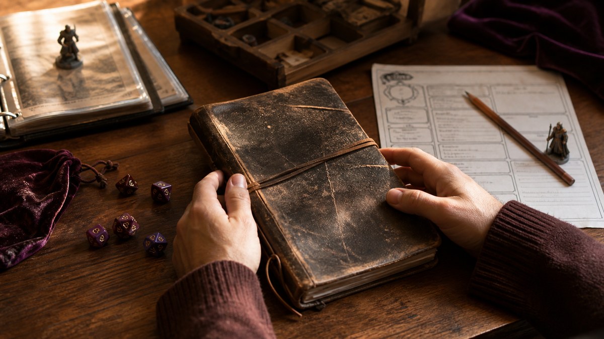 A person reopening an old campaign notebook at a tabletop role-playing table