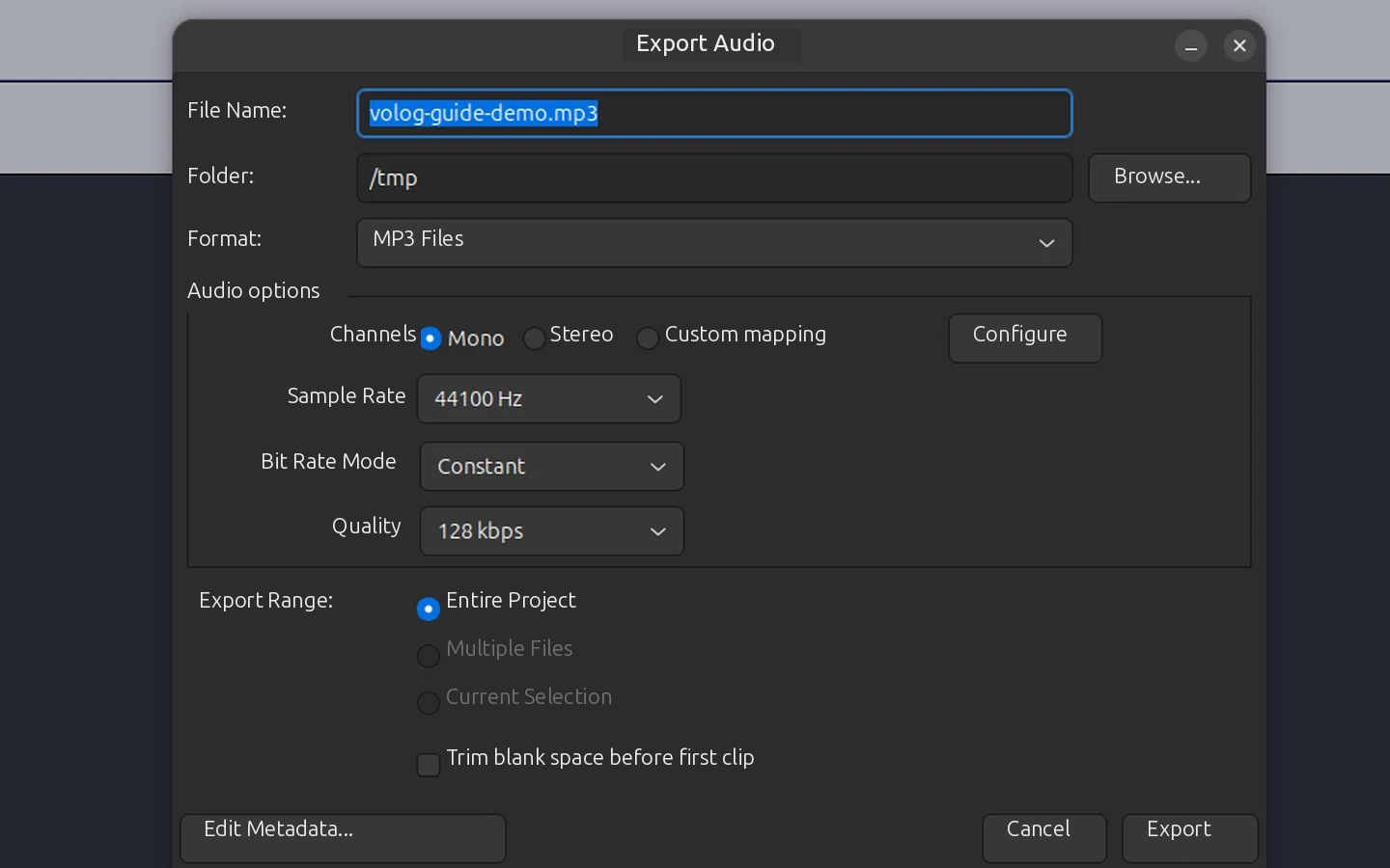 Audacity Export Audio window set to mono MP3 at a constant bitrate of 128 kbit/s.