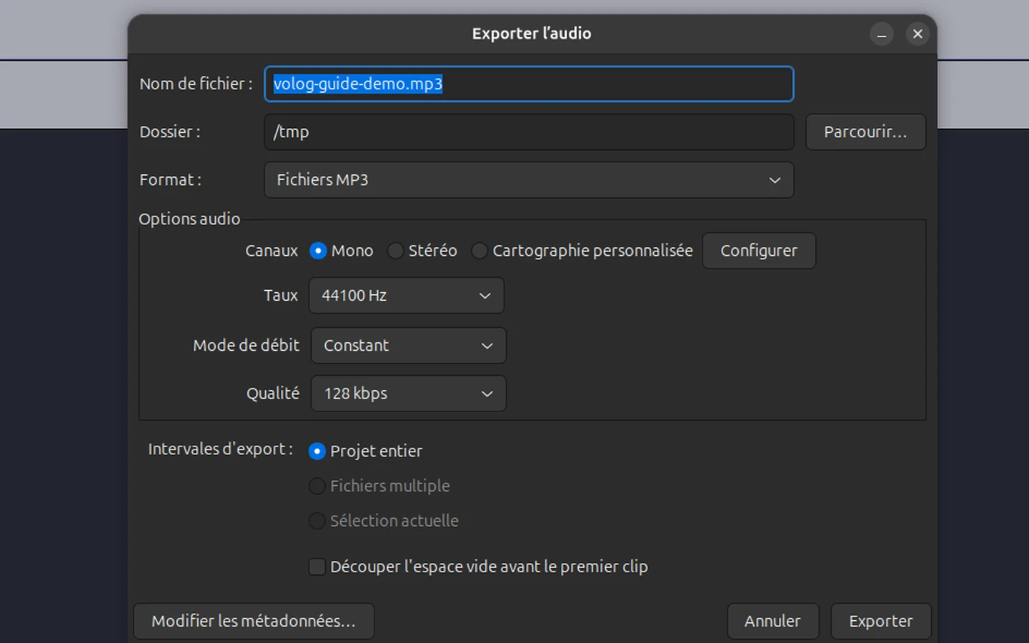 Fenêtre d'export audio Audacity configurée en MP3 mono à débit constant de 128 kbit/s.
