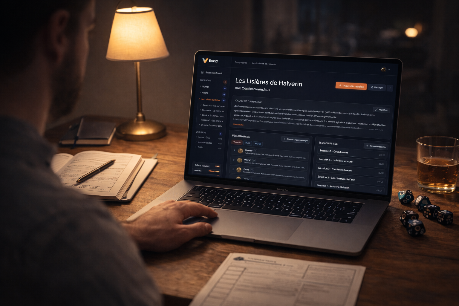 Preview of a structured VoLog campaign with notes, sessions, and campaign entities