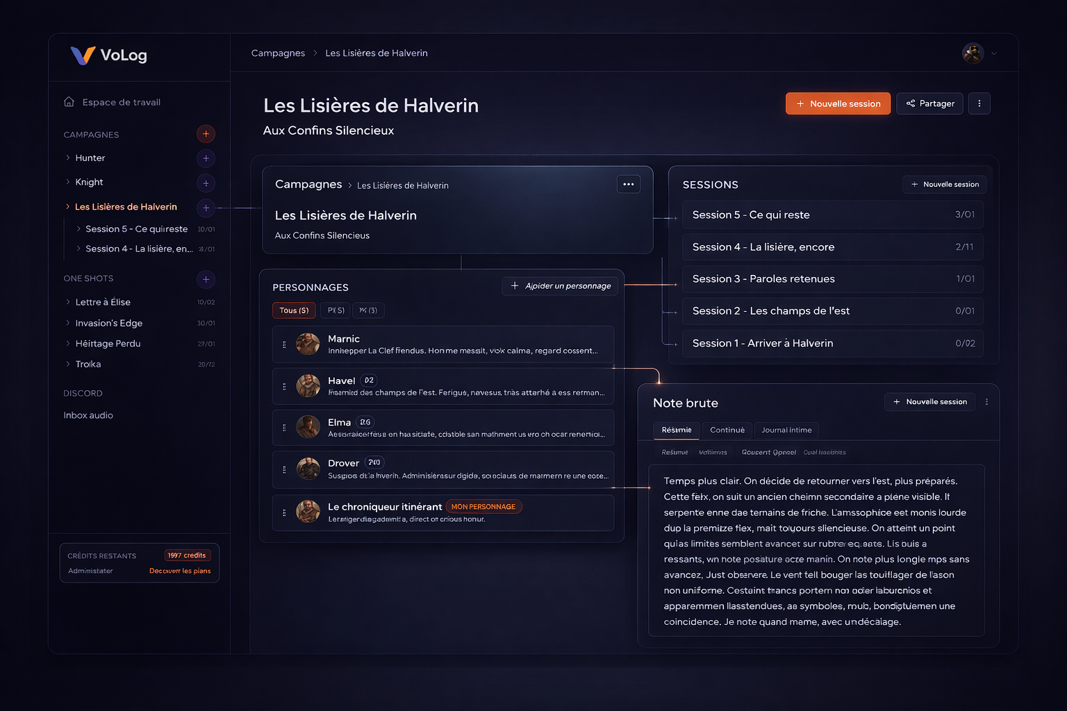 Visual diagram of campaign, sessions, and notes inside VoLog
