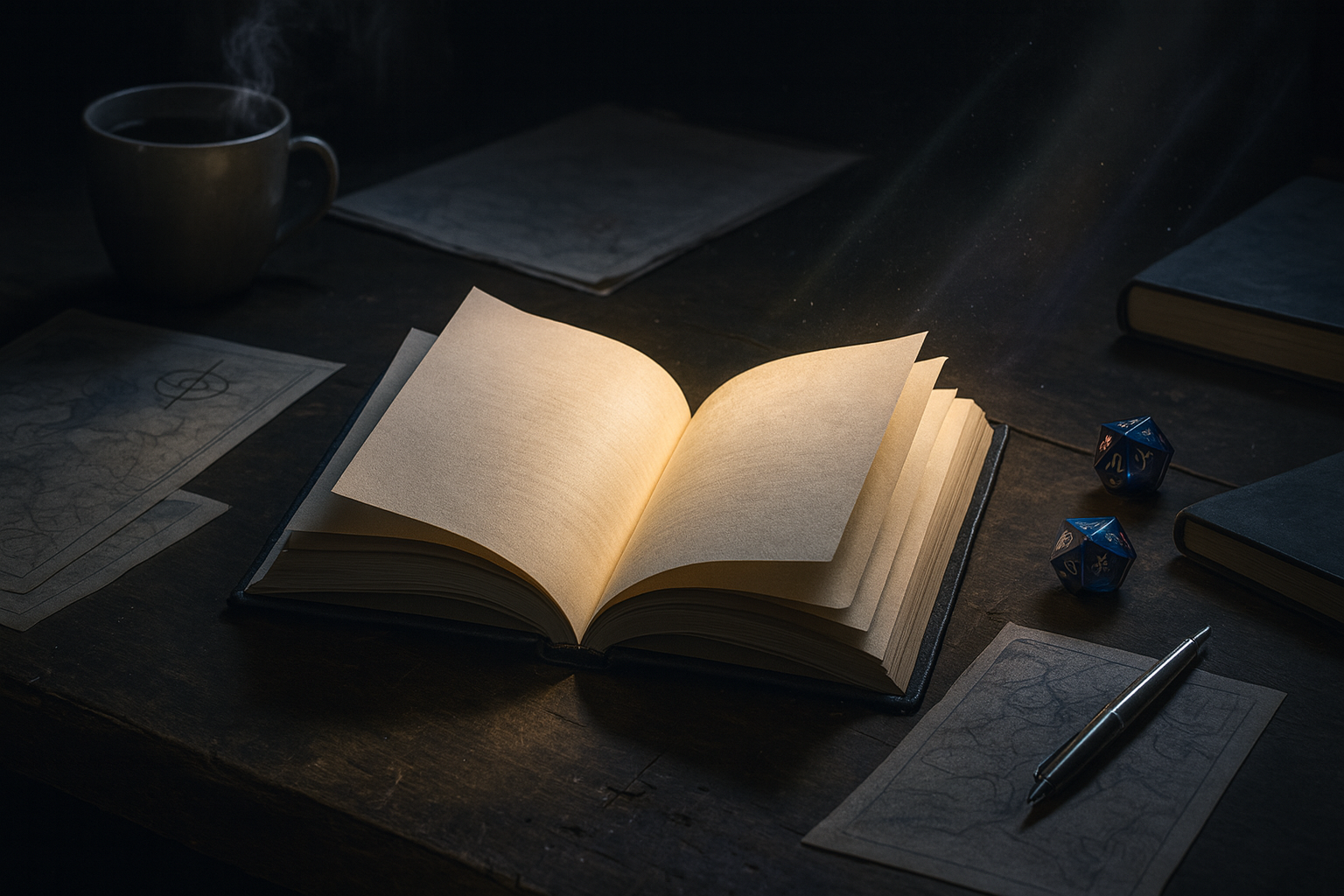 Game table glowing beneath a luminous journal.