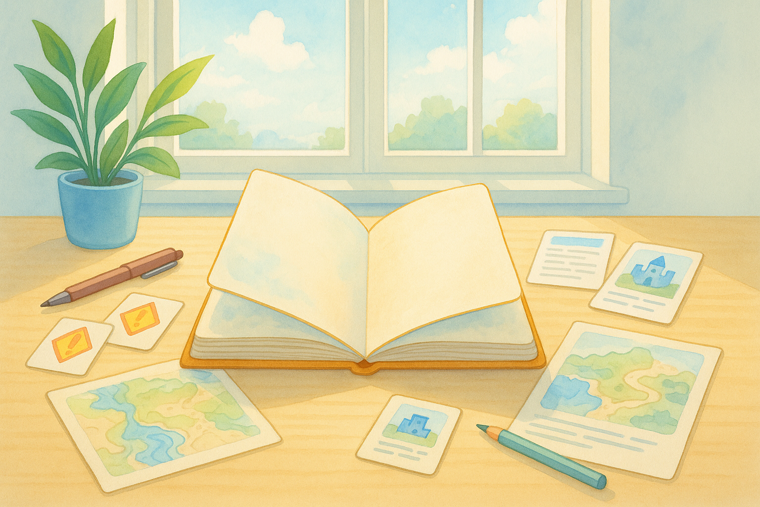 Table en pleine création, carnet lumineux au centre.