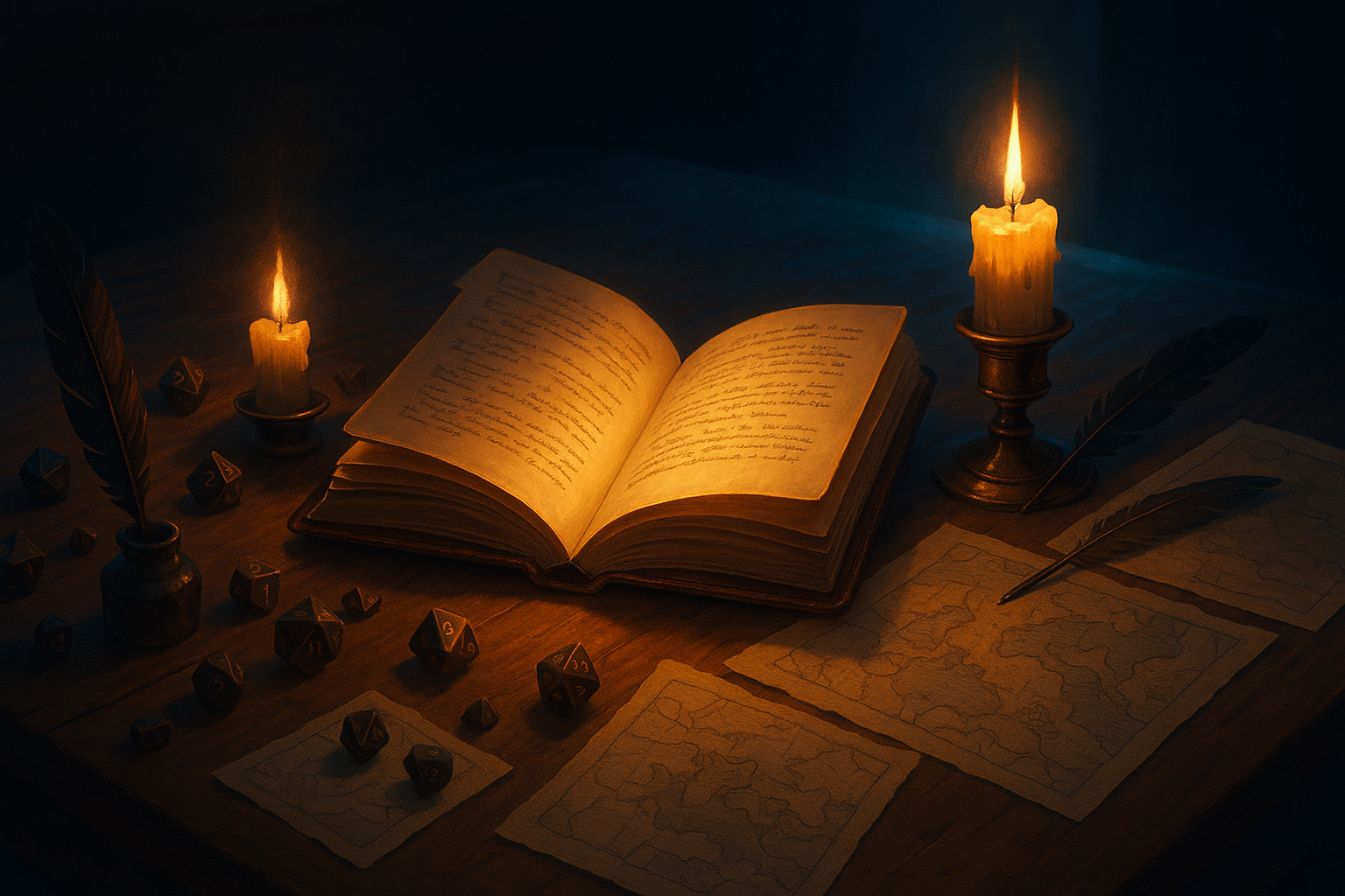 Table en pleine création, carnet lumineux au centre.